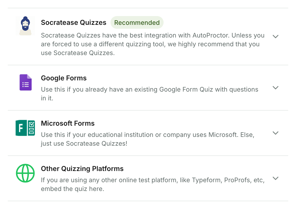 The four quiz providers on the Create Test page