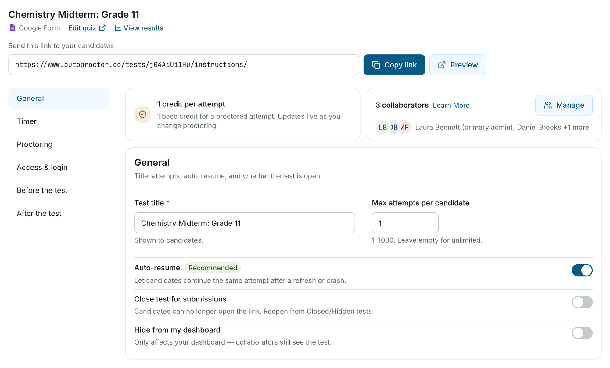 The settings page of a test, with the test link at the top and the sections on the left