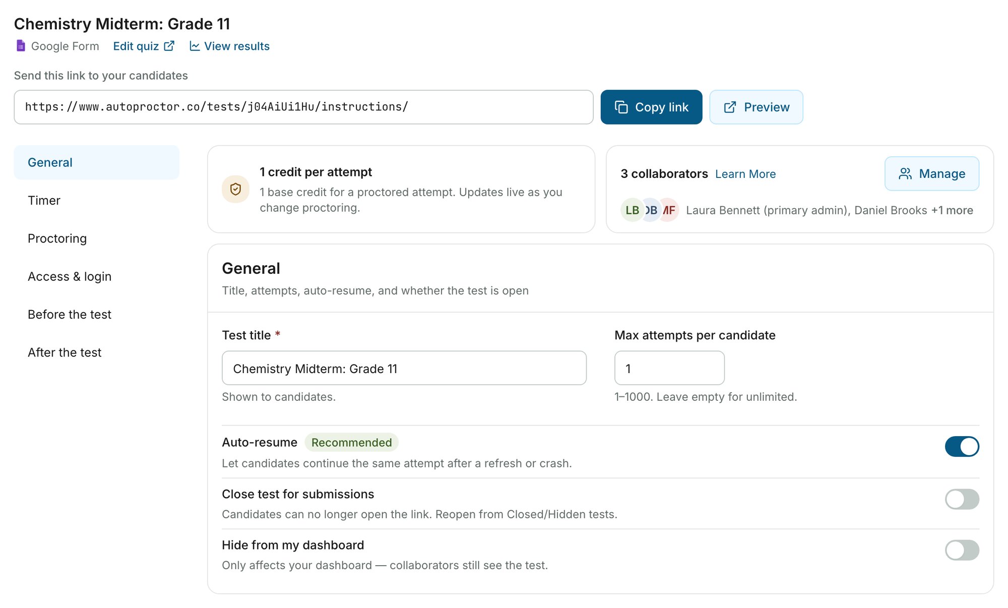 The settings page of a test, with the test link at the top and the sections on the left