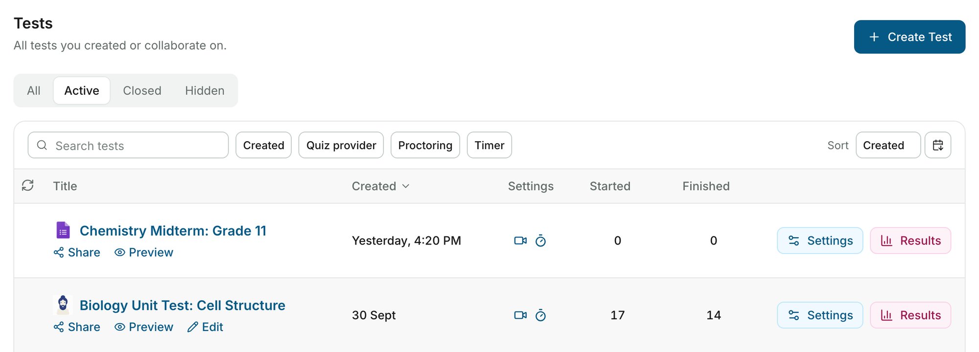 The Tests page with the Create Test button at the top right