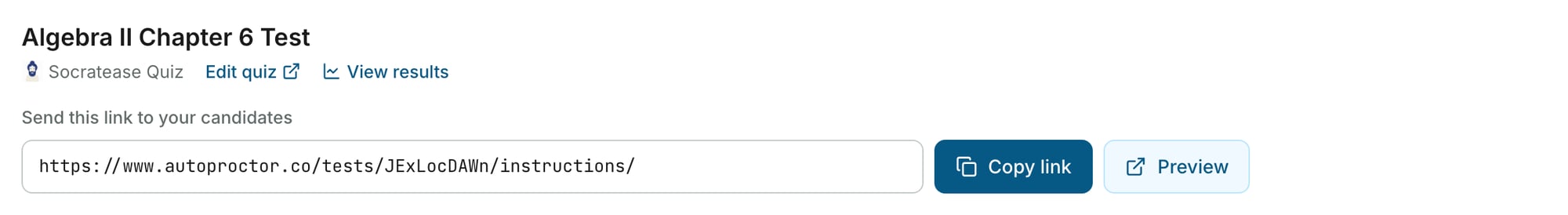 The header of a Socratease test's settings page, with the test link and Copy link button