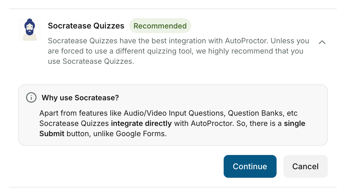The Socratease Quizzes card on the Create Test page