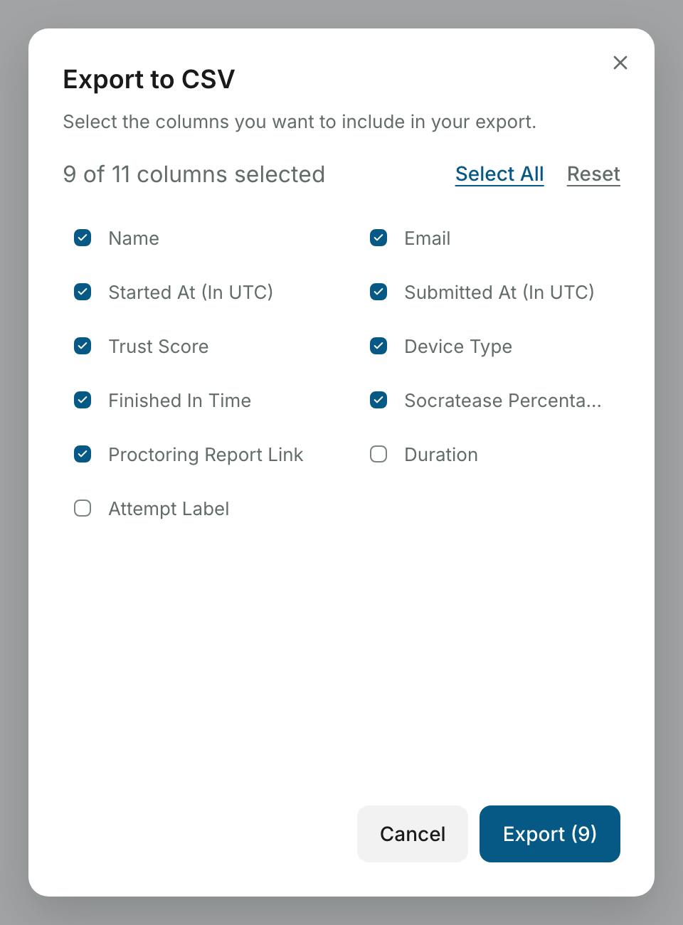 The Export to CSV dialog with its column checklist