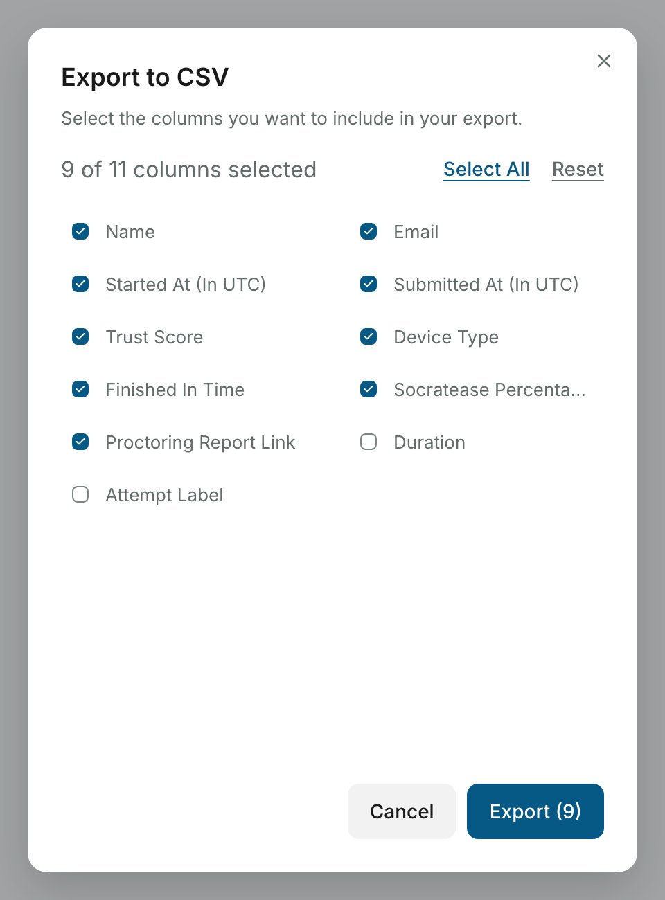 The Export to CSV dialog with its column checklist