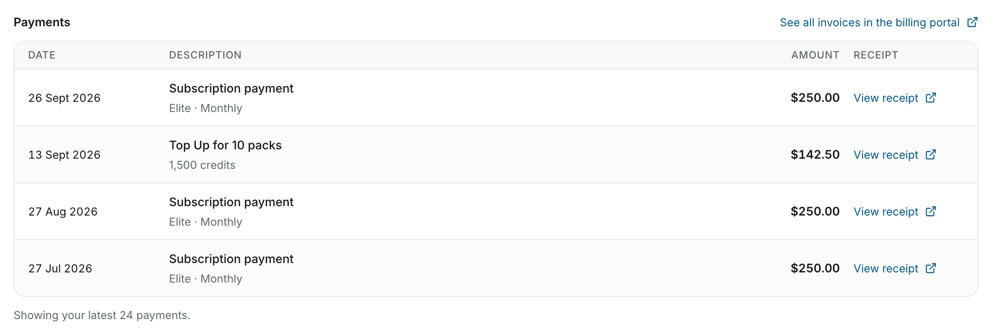 The Payments table on the Billing page, with a View receipt link for each payment