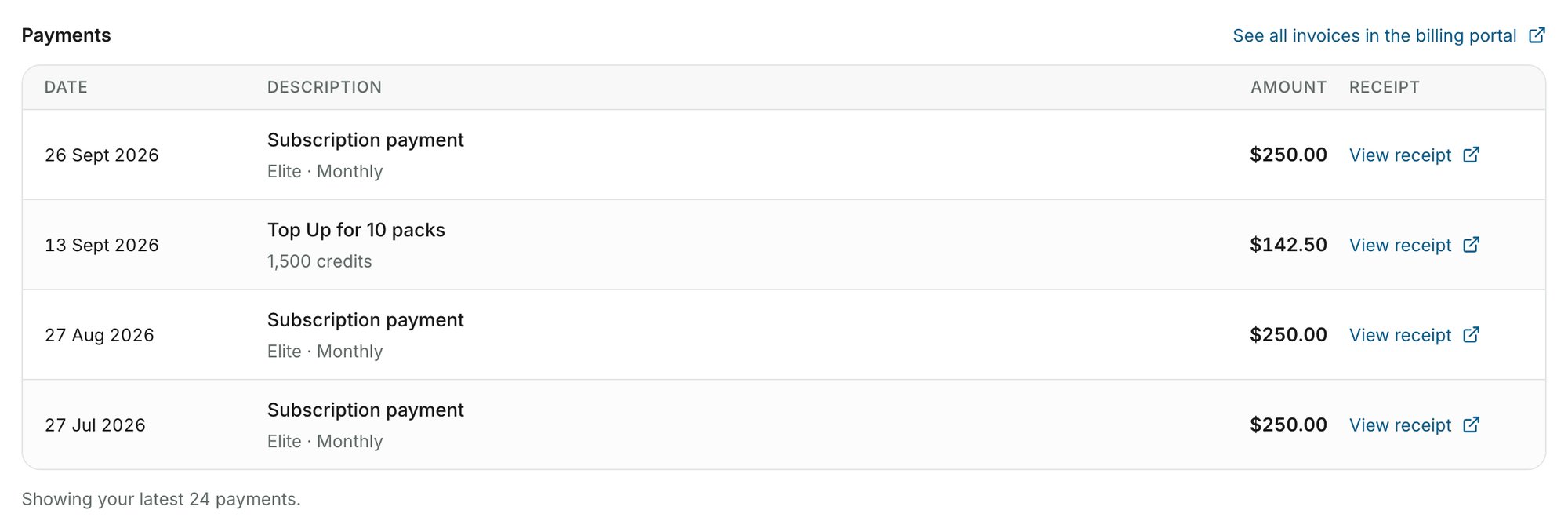 The Payments table on the Billing page, with a View receipt link for each payment