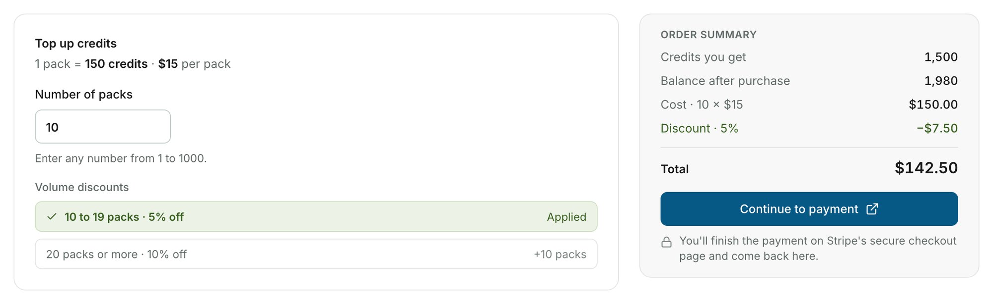 The Top up tab with the number of packs and the order summary