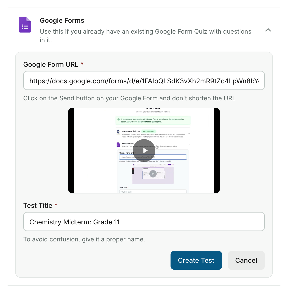 The Google Forms card on the Create Test page, with the Google Form URL and Test Title filled in