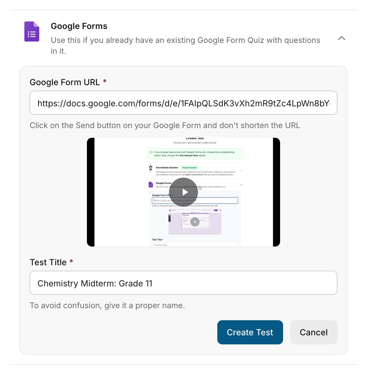 The Google Forms card on the Create Test page, with the Google Form URL and Test Title filled in