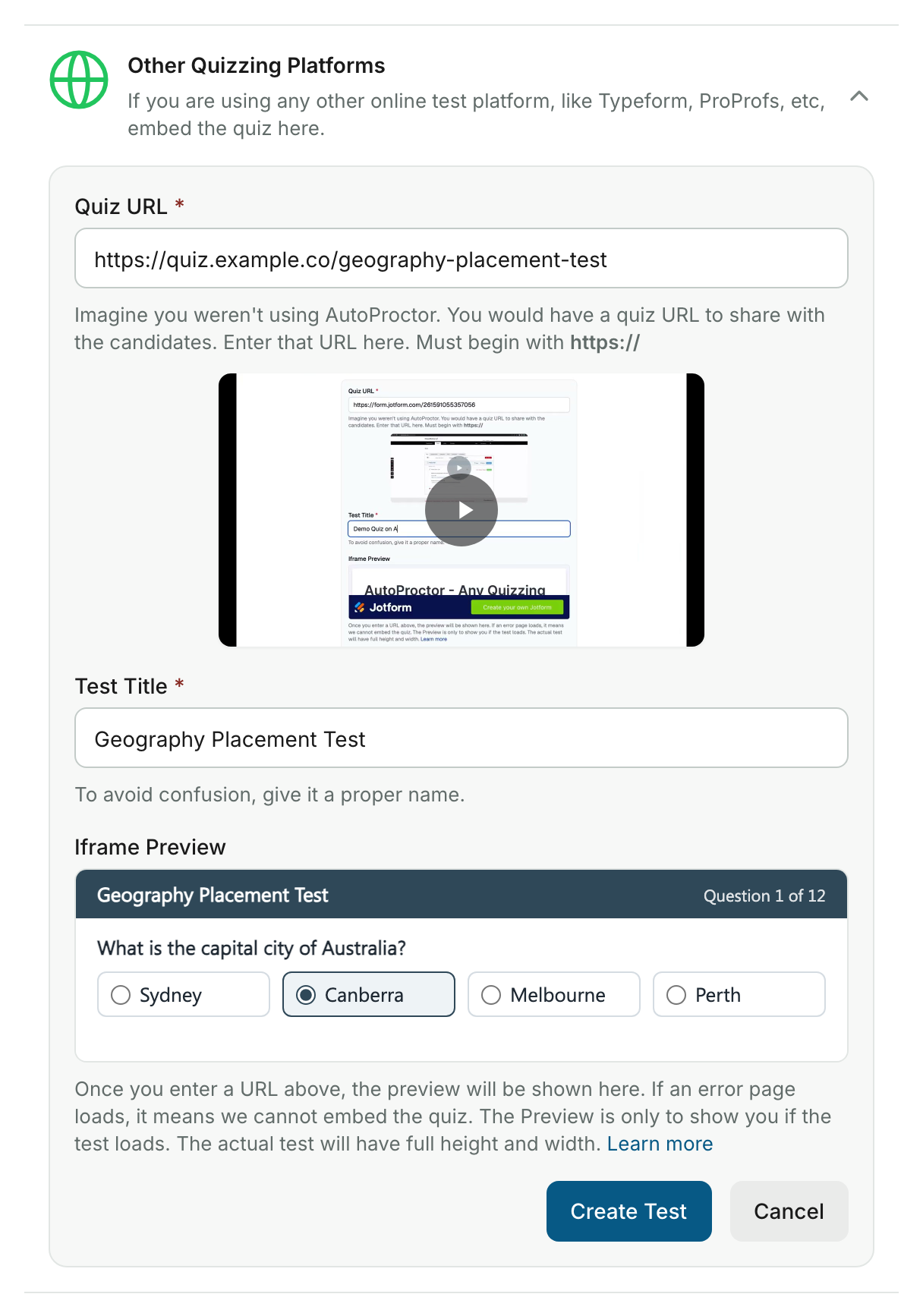 The Other Quizzing Platforms card with a quiz loaded in the Iframe Preview