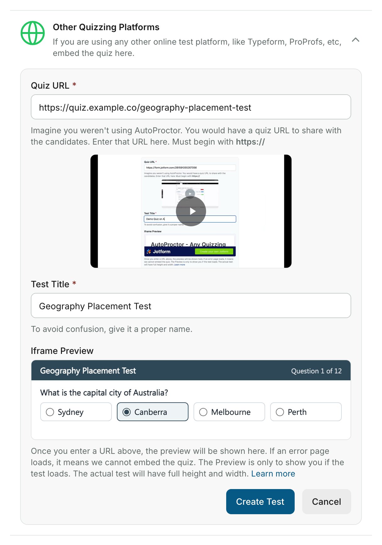The Other Quizzing Platforms card with a quiz loaded in the Iframe Preview