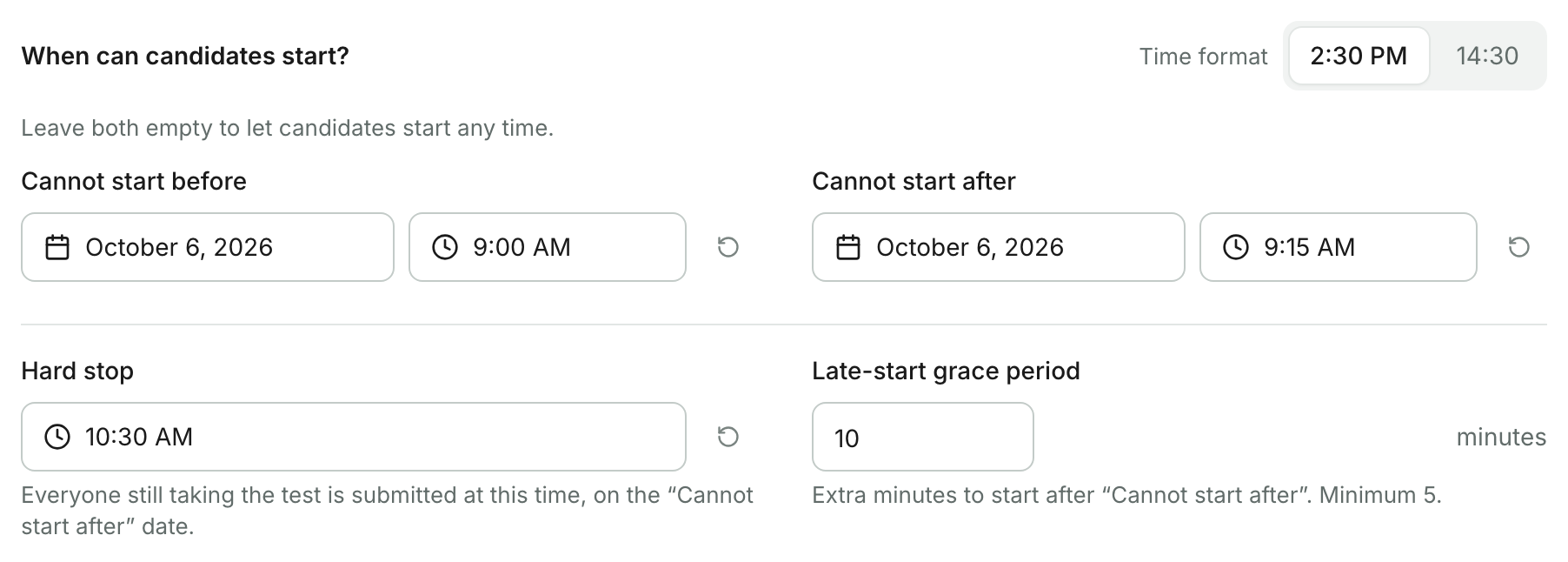 Campos Hard stop e Late-start grace period em More options