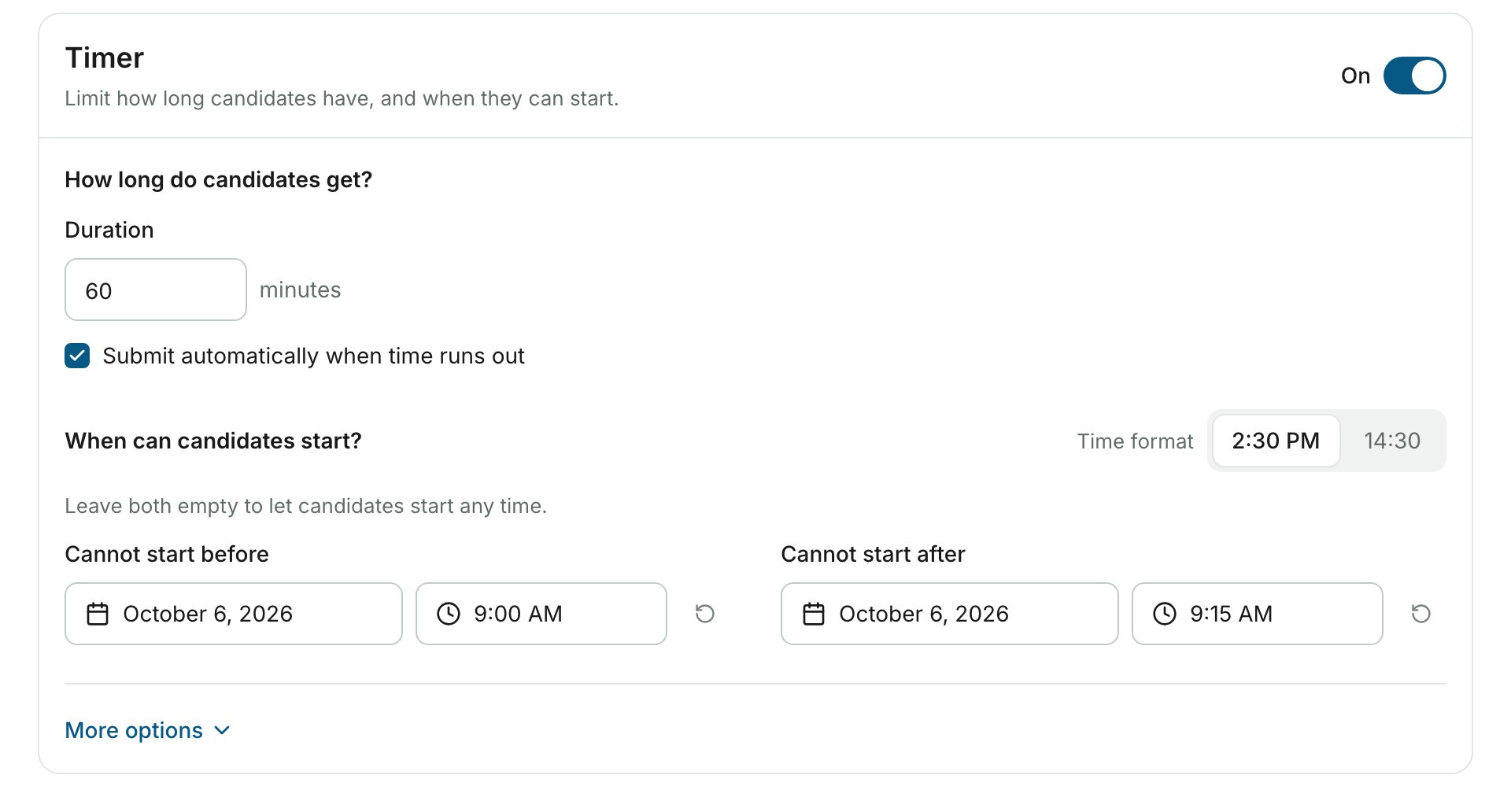 Seção Timer com uma duração, envio automático e uma janela de início