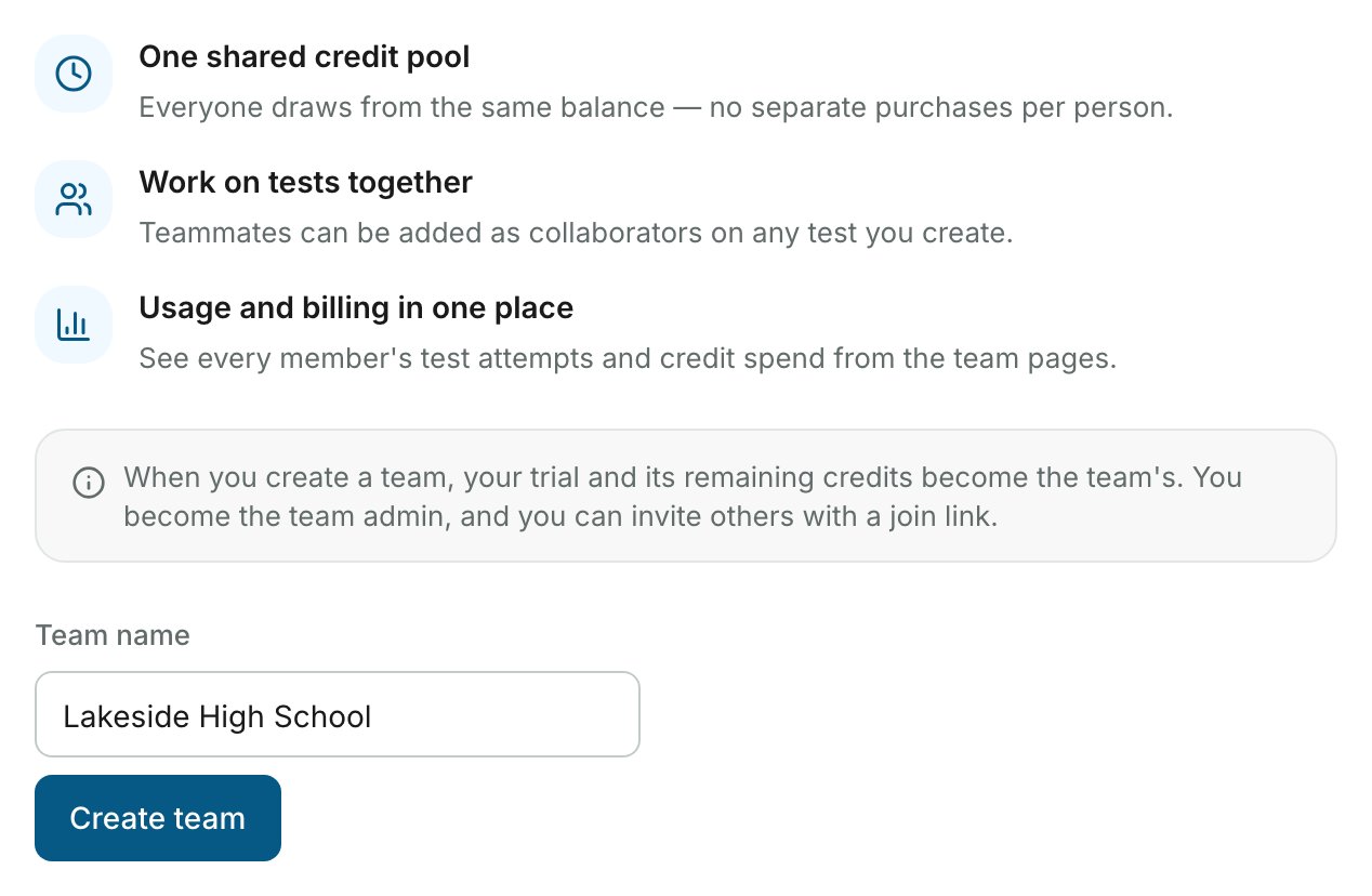 The Team page before a team exists, with the Team name field and the Create team button