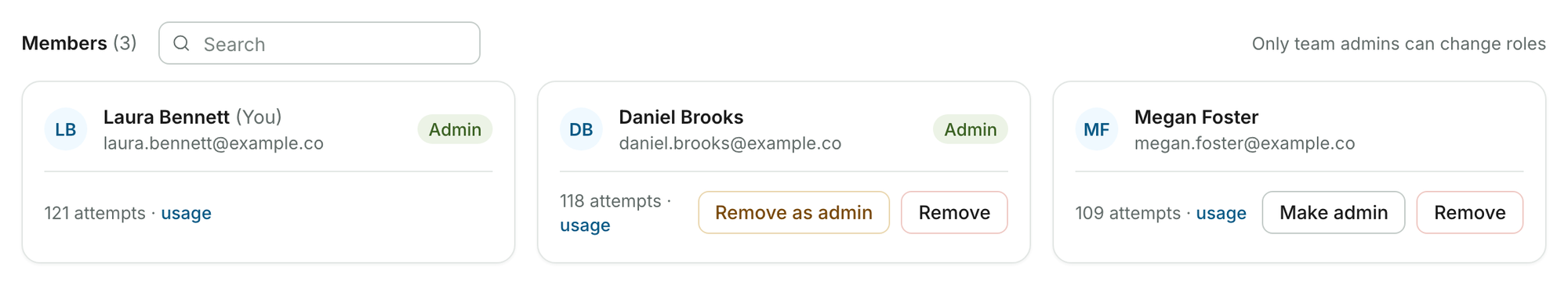 The Members list on the Team page, with member cards and admin controls