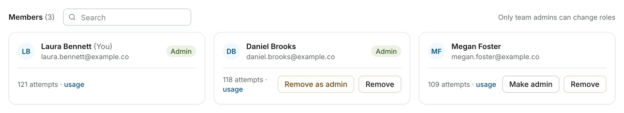 The Members list on the Team page, with member cards and admin controls