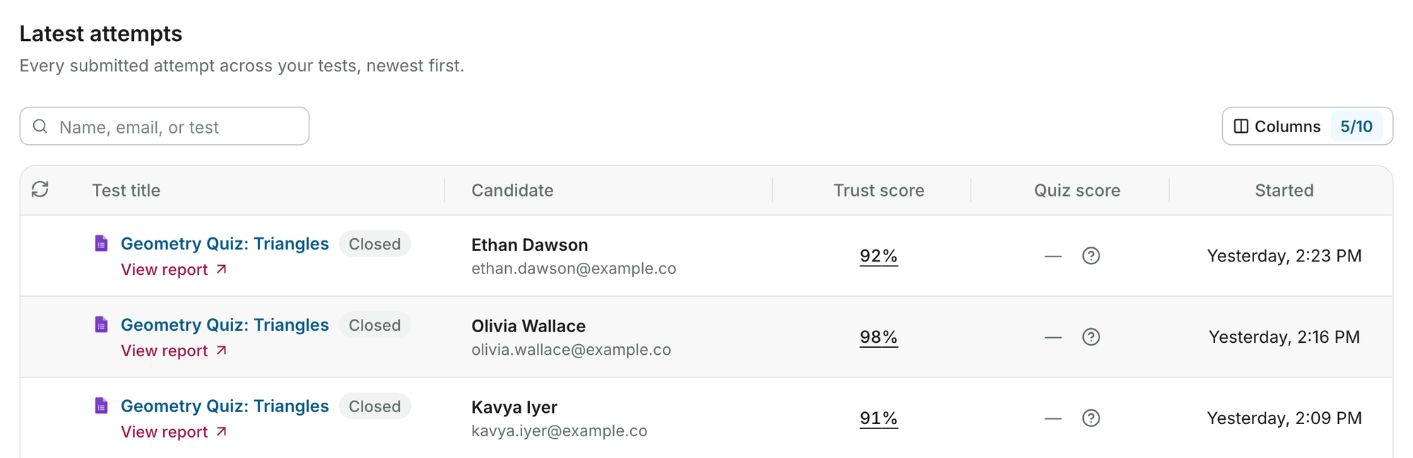 Latest attempts page with View report under each test title