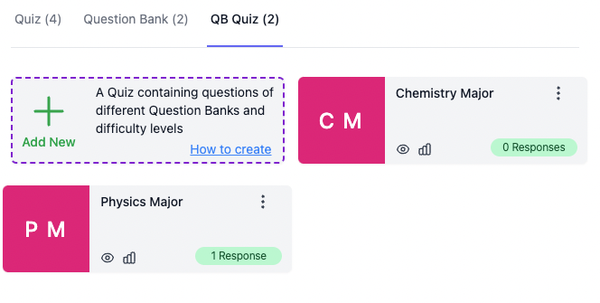 Question Bank Quiz overview showing created QBQs with response counts