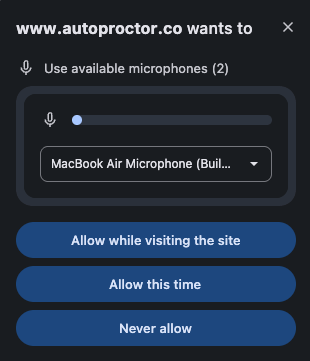 Browser permission prompt requesting microphone access for autoproctor.co
