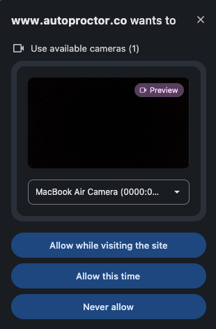 Browser permission prompt requesting camera access for autoproctor.co