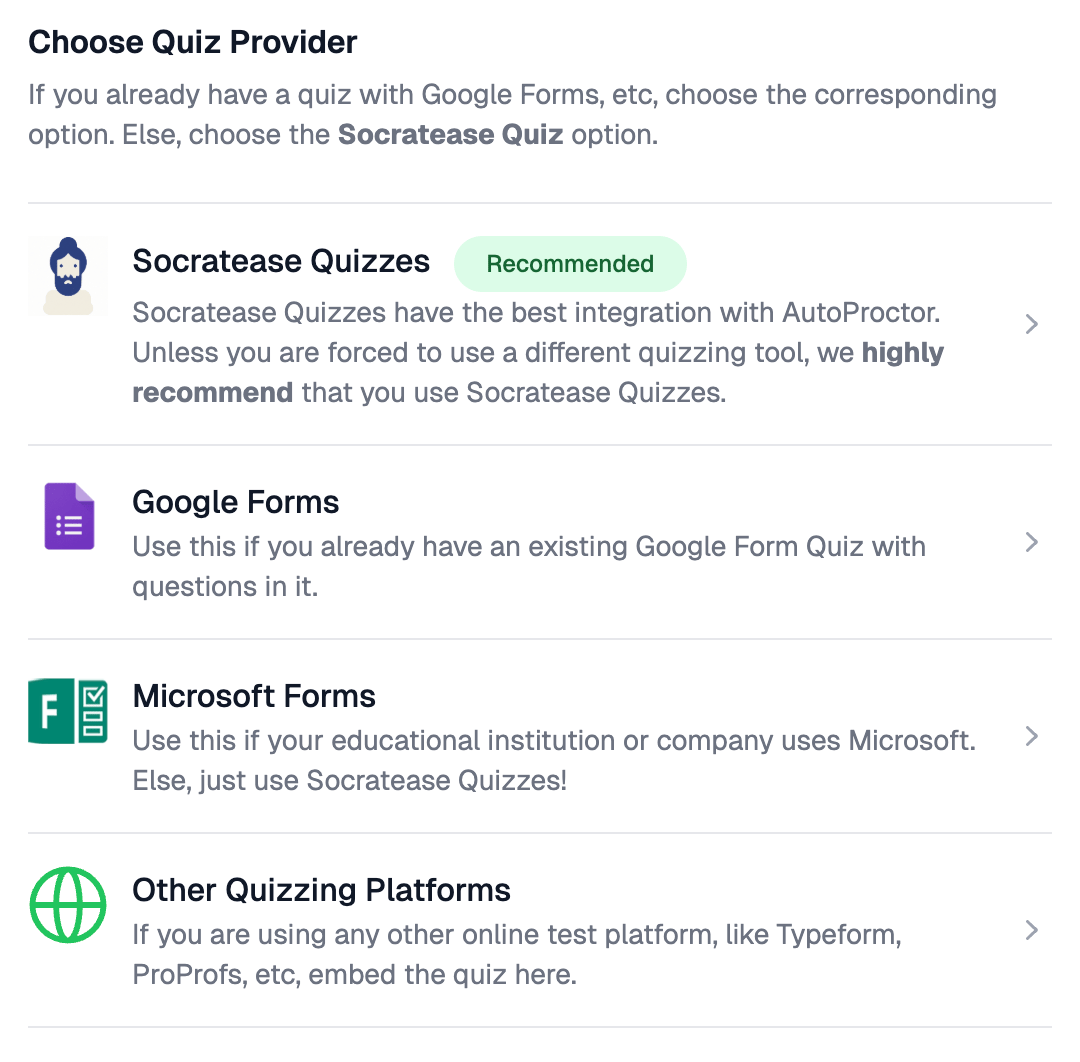 Quiz provider selection screen