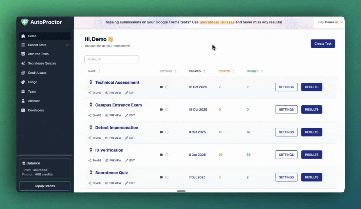 GIF showing how to purchase a Test Pack top-up on AutoProctor