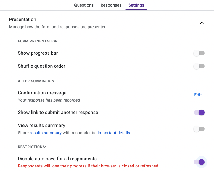 Configuración del examen de Google Forms mostrando Deshabilitar Autoguardado activado, deshabilitando el autoguardado