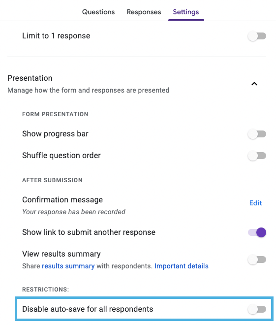 Configuración del examen de Google Forms mostrando Deshabilitar Autoguardado desactivado, manteniendo el autoguardado activo