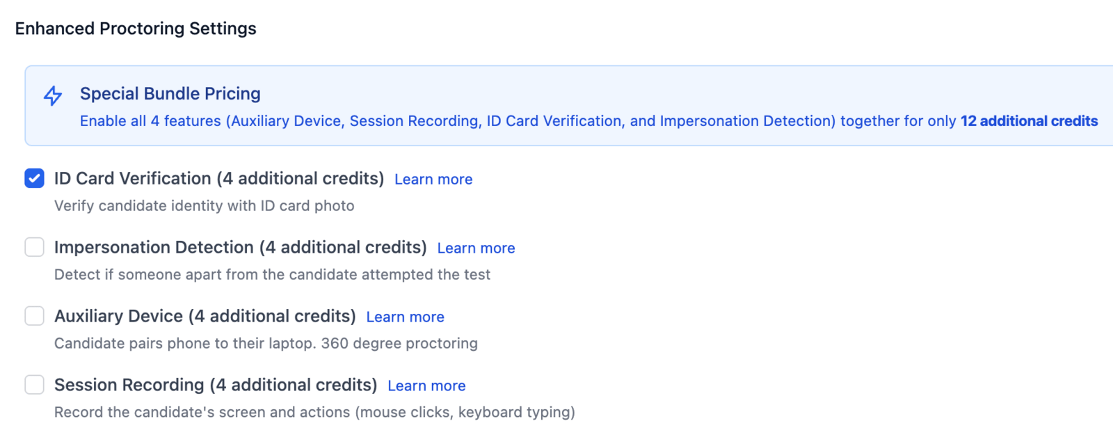 Enhanced proctoring settings panel