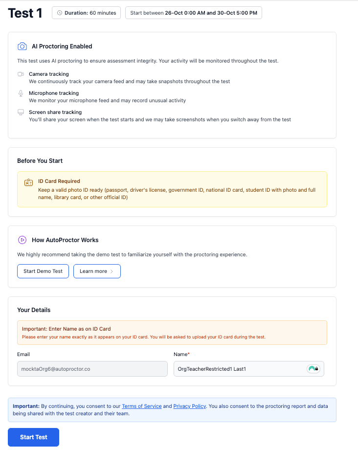 AutoProctor instructions page shown to candidates before a test begins