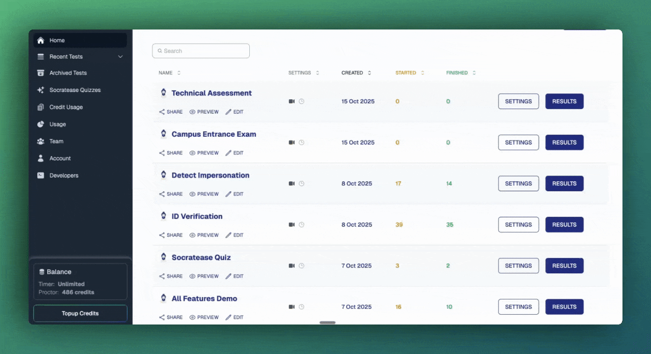 AutoProctor dashboard showing the account credits and balance display