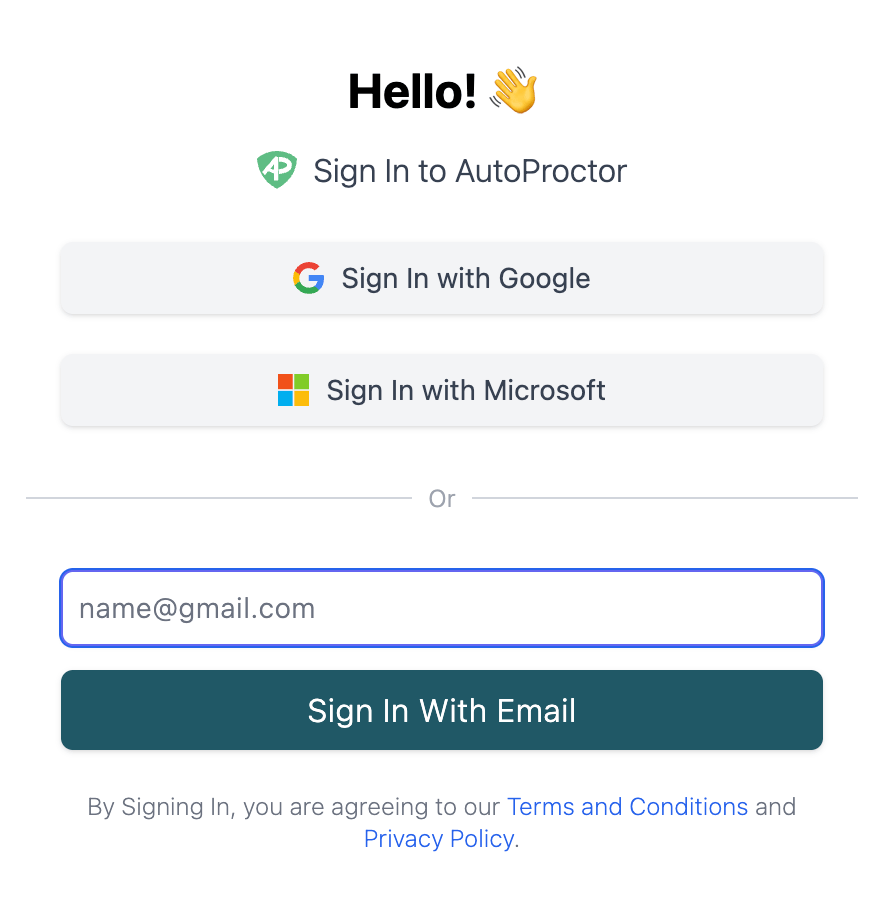 AutoProctor login options showing Google, Microsoft, and Email sign-in buttons