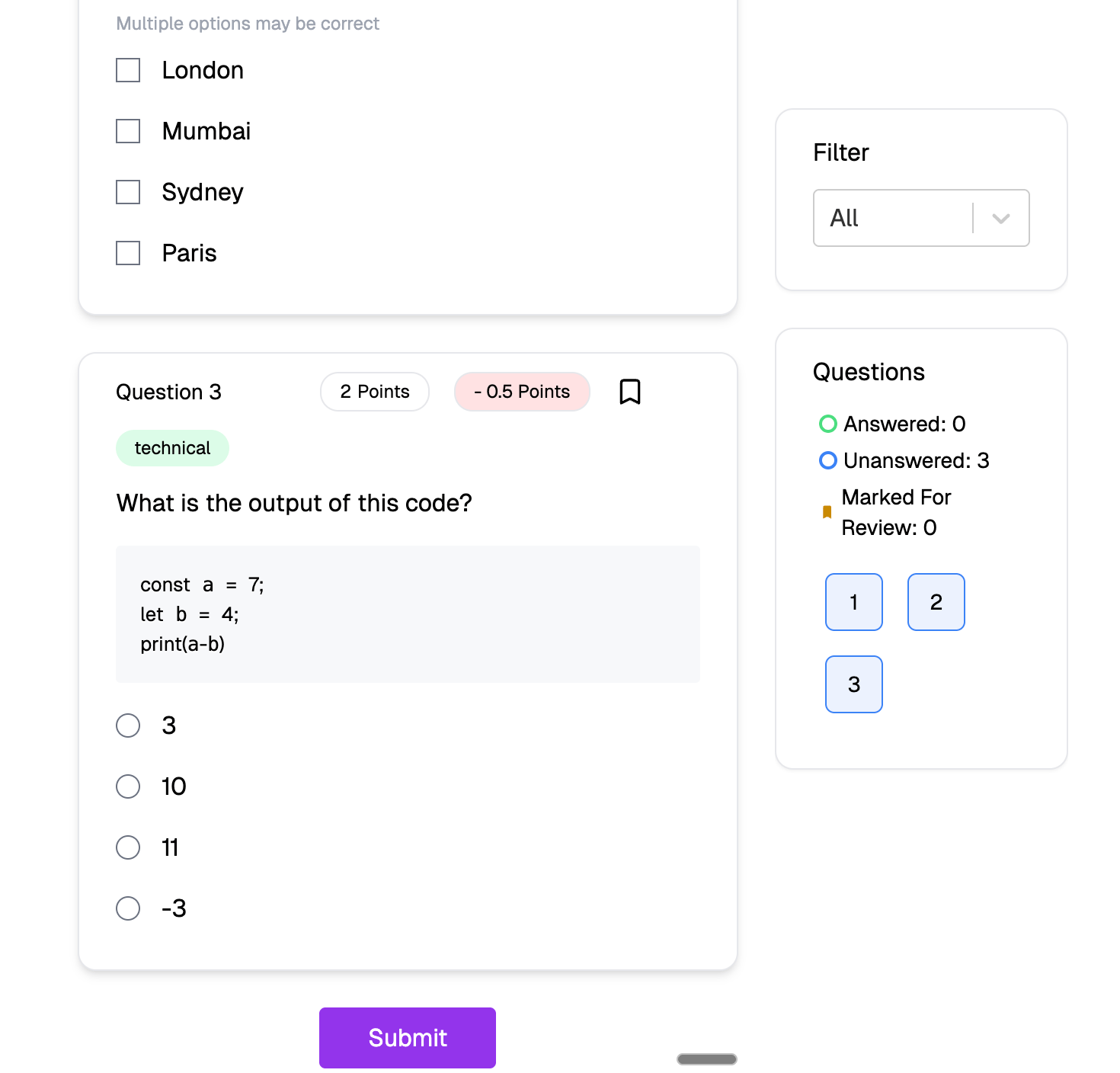 Socratease quiz showing a single Submit button at the bottom