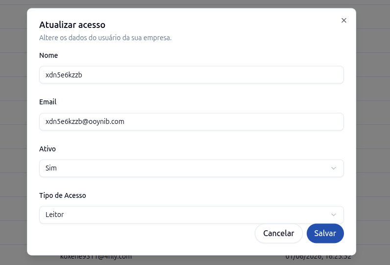 Exemplo de formulário para atualizar um acesso