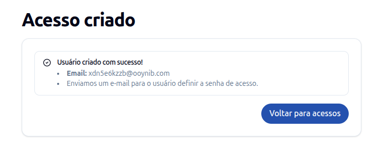 Exemplo de sucesso ao criar acesso