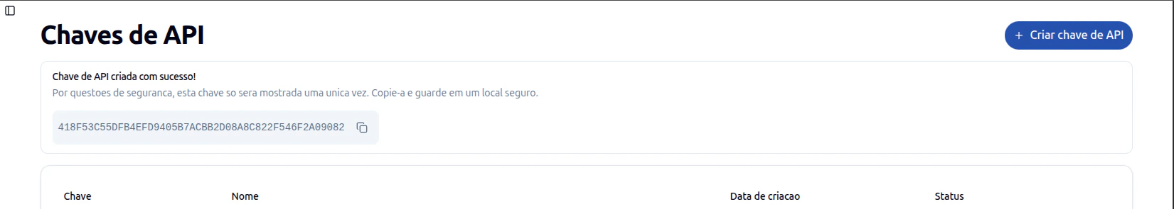 Exemplo de uma chave de API gerada na plataforma Autorize