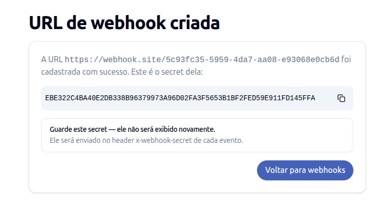Exemplo de secret exibido após a criação de um Webhook