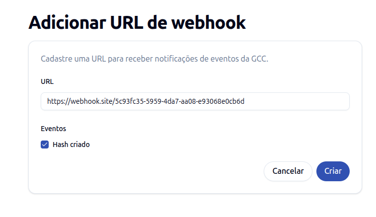 Exemplo de configuração de URL e eventos para um Webhook