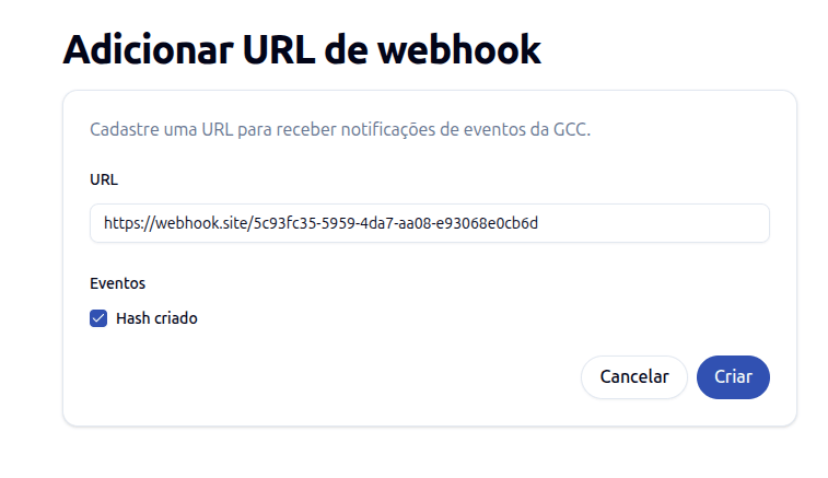 Exemplo de configuração de URL e eventos para um Webhook