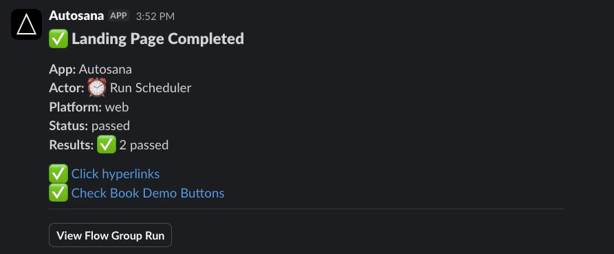 Slack notification showing flow completion with pass/fail status and links