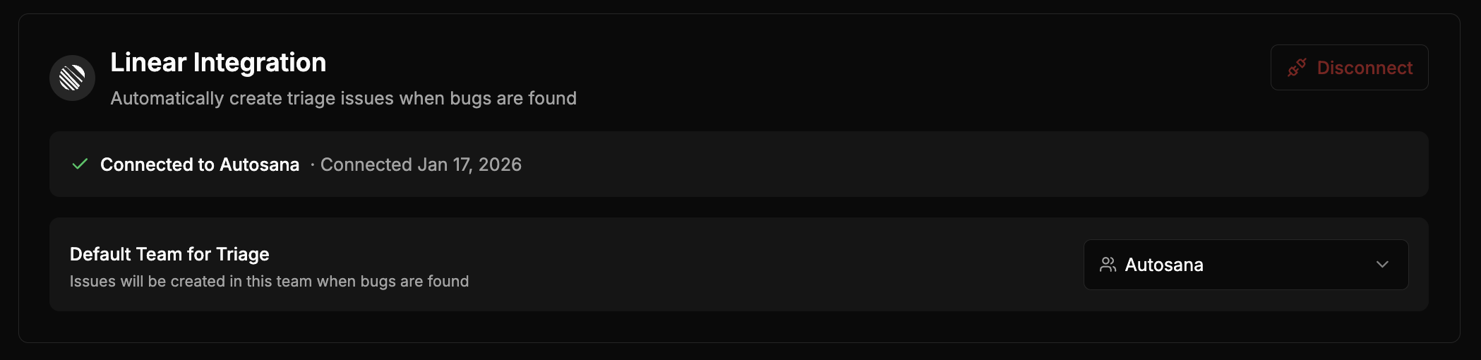 Linear integration settings showing connection status and default triage team