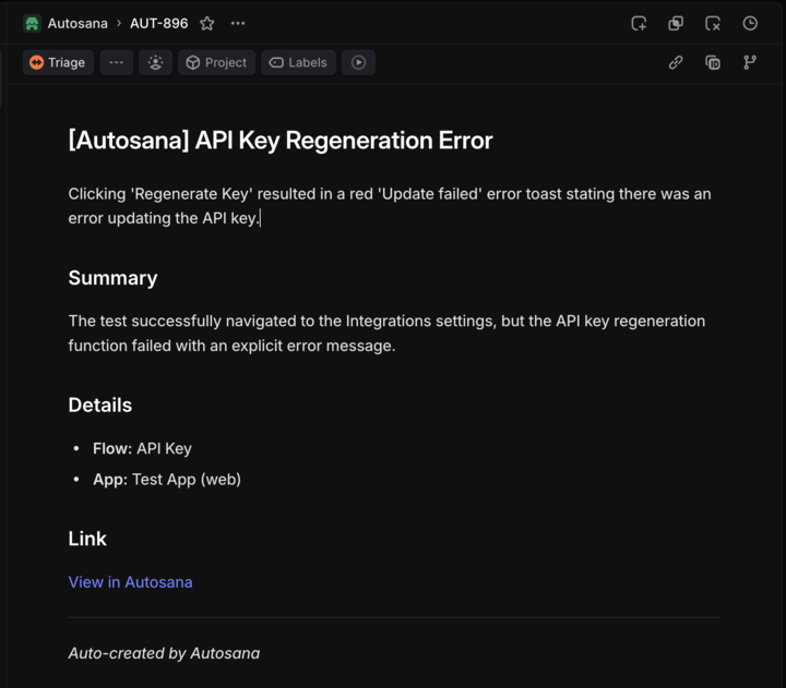 Auto-created Linear issue with Autosana failure summary and link
