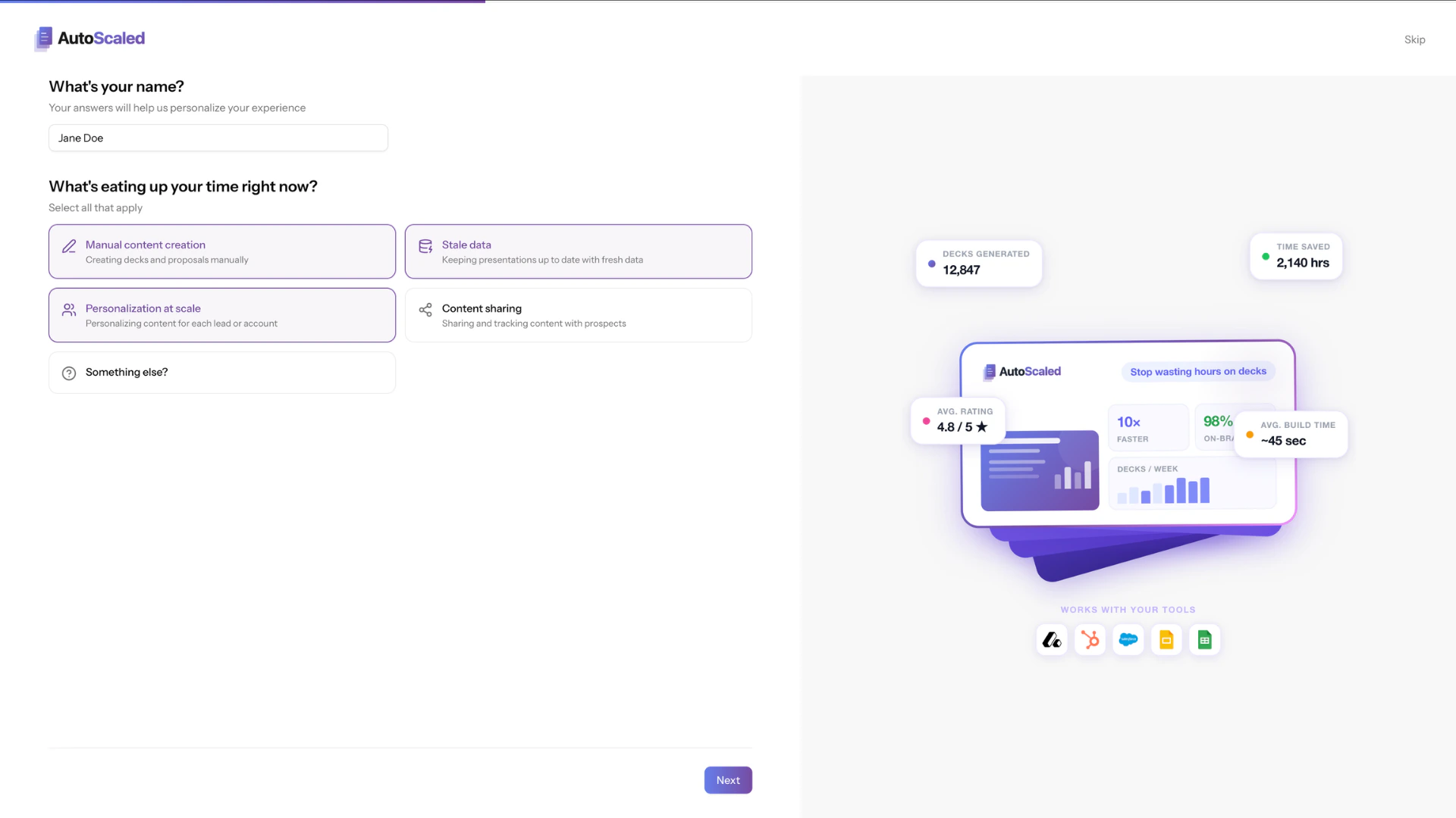 Onboarding step of AutoScaled asking about your content pain points
