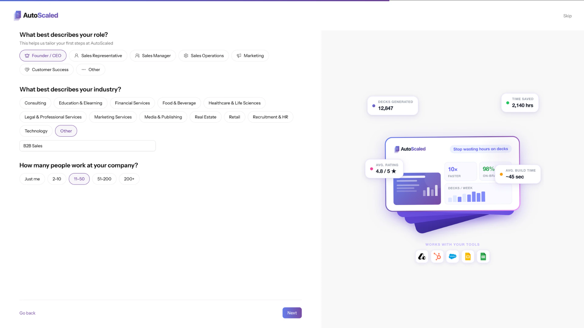 Onboarding step of AutoScaled asking about your role, industry and company
