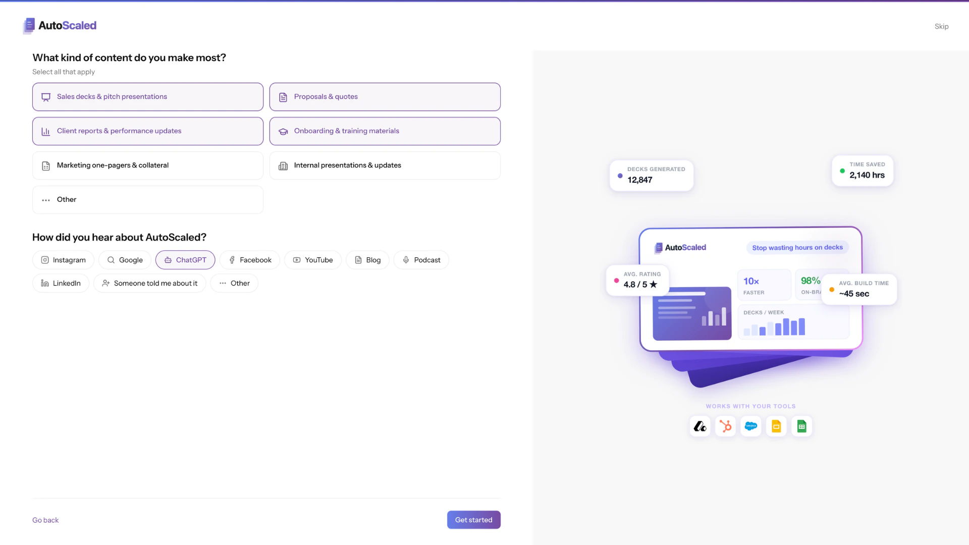 Onboarding step of AutoScaled asking about your content preferences and referral