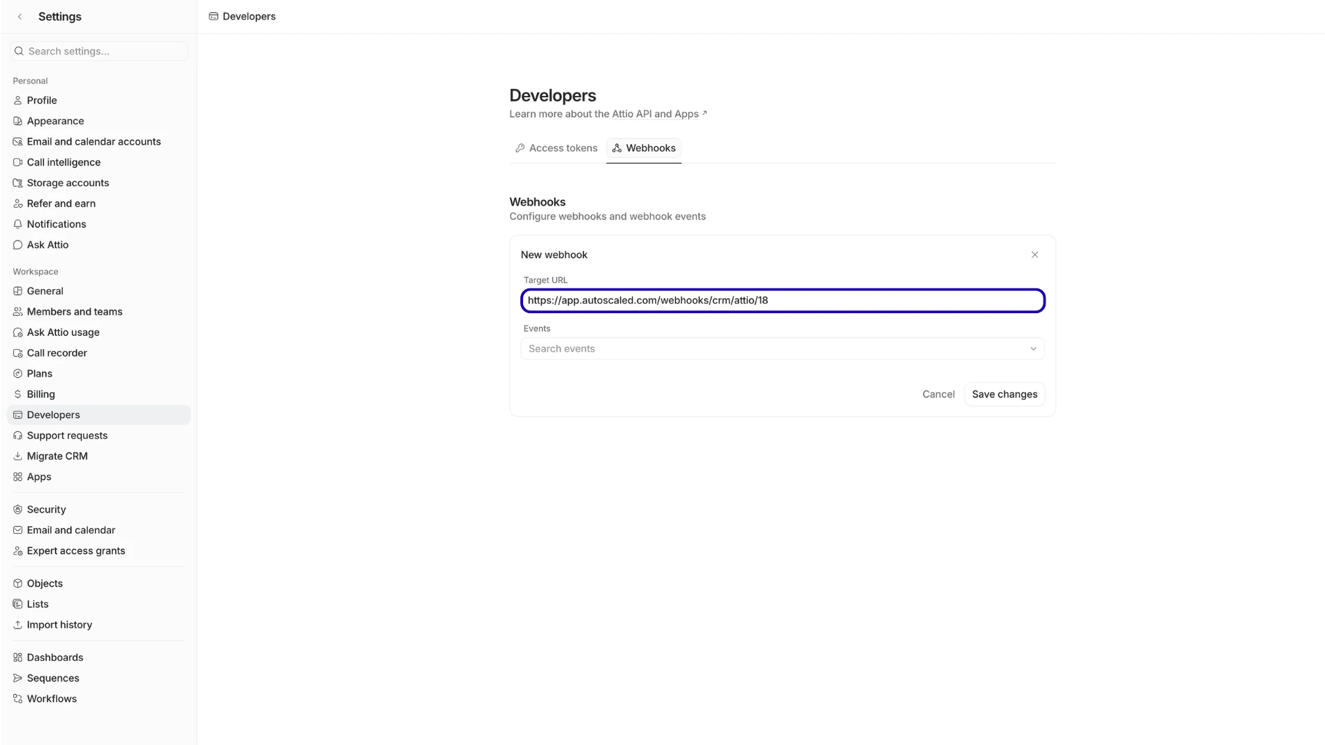 Attio Create Webhook modal with Target URL field