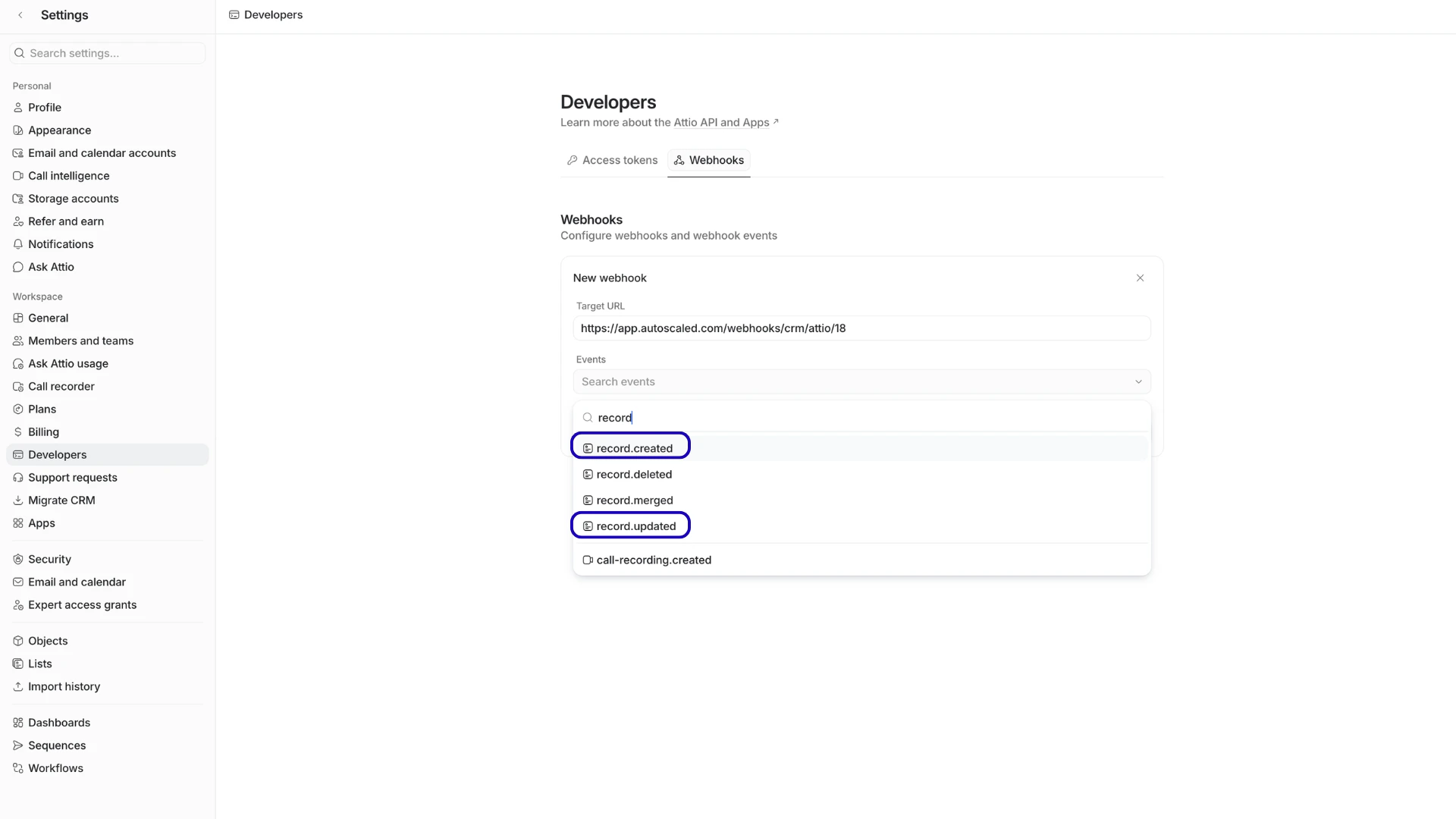 Selecting events in the webhook setup in Attio