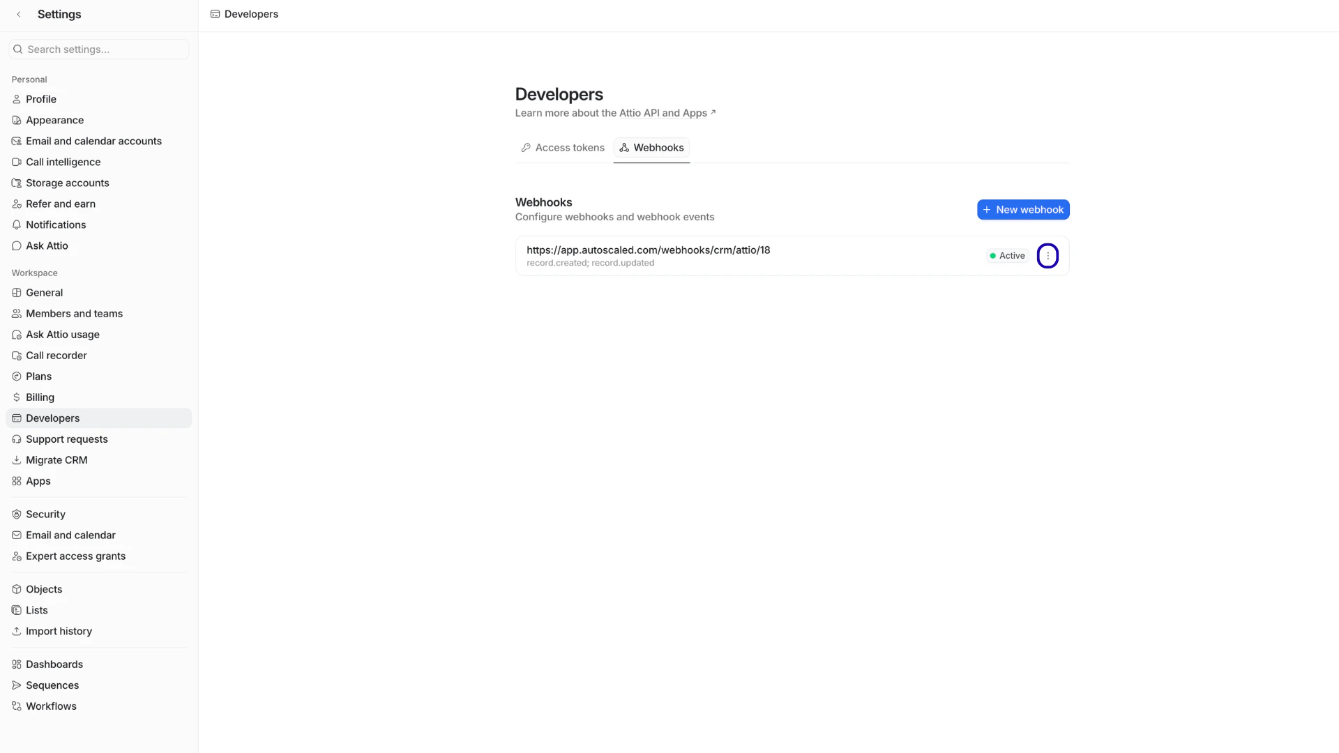 Editing a webhook in the webhook dashboard on Attio