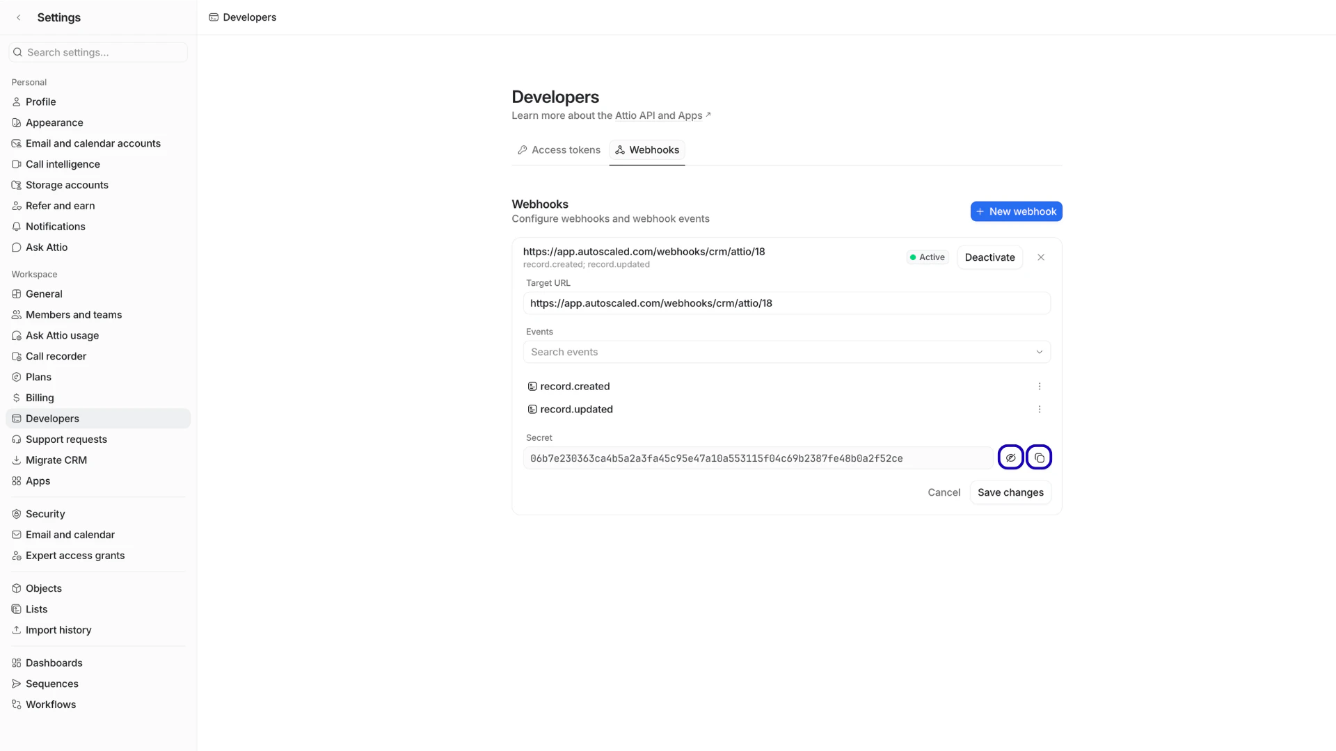 Copying the Attio Webhook Secret