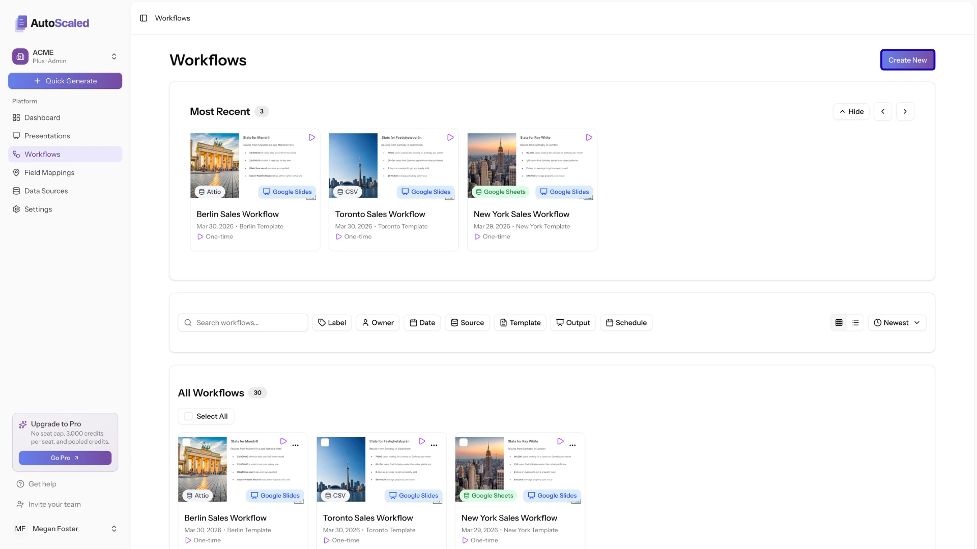 Overview of the workflow management dashboard with the create new button highlighted